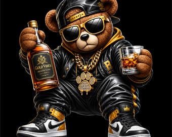 Design PNG de Urso de Luxo | Urso de Pelúcia com Garrafa de Uísque | Arte de Urso Hip Hop | Urso Streetwear com Óculos de Sol | Urso Rico PNG |