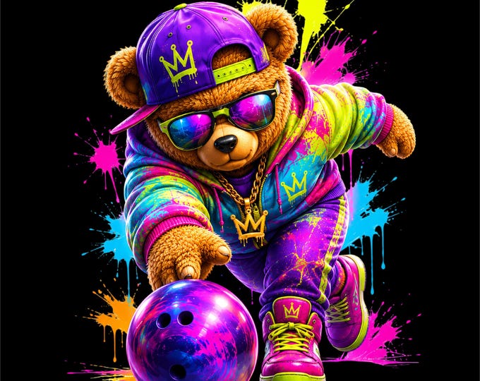 Bowling Bear PNG Design | Colorful Bowling Artwork | Teddy Bear Bowler Graphic | Neon Bowling Illustration | Bowling Player PNG |