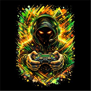 Pode incluir: Ilustração digital de uma figura encapuzada com olhos vermelhos brilhantes usando um fone de ouvido e segurando um controle de videogame. A figura é cercada por listras e respingos coloridos de verde, amarelo e laranja em um fundo preto. Tema de jogos.