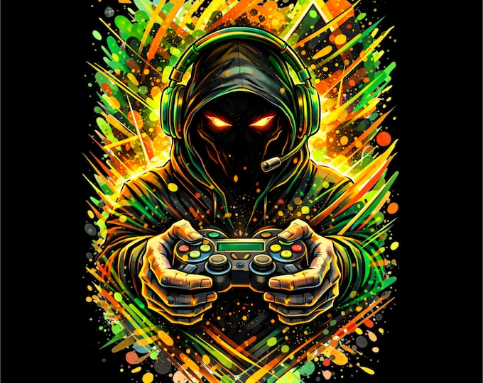 Gamer PNG | Green Neon Gaming Art | Hooded Esports Illustration | Gaming Streetwear Design | DTF DTG Print File
