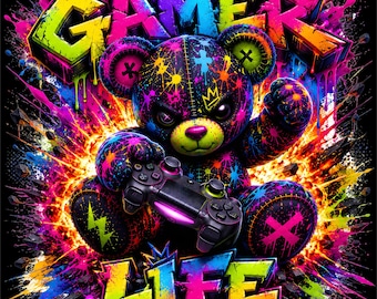 Gamer Life PNG | Gaming Teddy Bear Design | Colorful Gamer Artwork | Video Game Controller Graphic | Gaming Lover PNG |