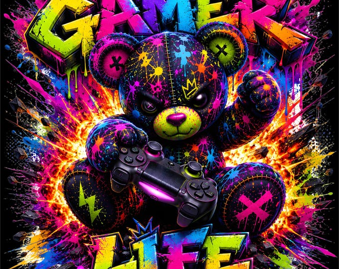Gamer Life PNG | Gaming Teddy Bear Design | Colorful Gamer Artwork | Video Game Controller Graphic | Gaming Lover PNG |