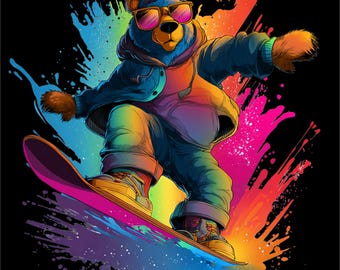 Snowboard Bear PNG | Snowboarding Bear Design | Winter Sports Animal Art | Color Splash Snowboard | DTF DTG Print File