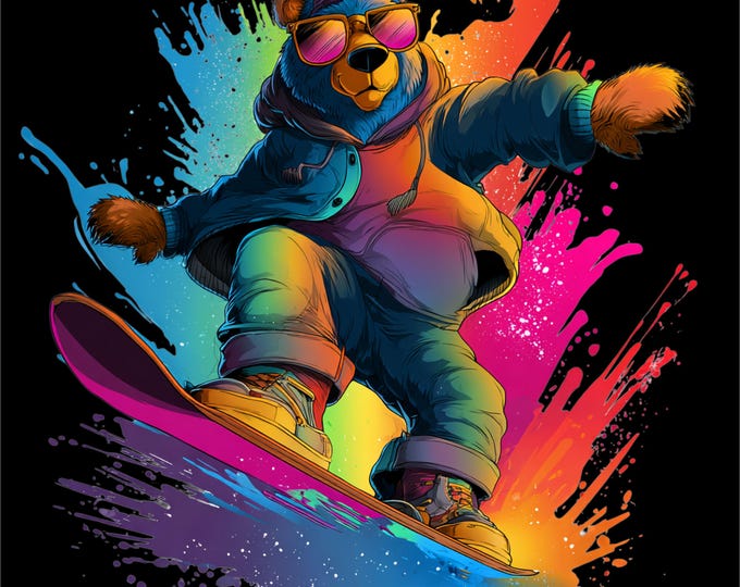 Snowboard Bear PNG | Snowboarding Bear Design | Winter Sports Animal Art | Color Splash Snowboard | DTF DTG Print File