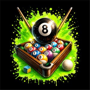May include: A wooden billiard rack containing colourful numbered pool balls, with a large black eight ball resting on top. Two crossed pool cues are positioned behind the rack, and a single white cue ball and a blue chalk cube sit nearby on a neon green paint splatter background.
