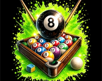 Billiards PNG Design | 8 Ball Pool Artwork | Green Splash Pool Graphic | Cue Sports Illustration | Pool Table PNG |