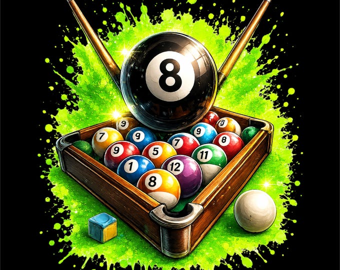 Billiards PNG Design | 8 Ball Pool Artwork | Green Splash Pool Graphic | Cue Sports Illustration | Pool Table PNG |