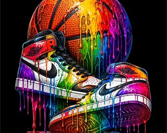 Diseño PNG de baloncesto / Ilustración colorida de baloncesto / Gráfico de baloncesto neón / Ilustración de baloncesto urbano / PNG de zapatillas de baloncesto /