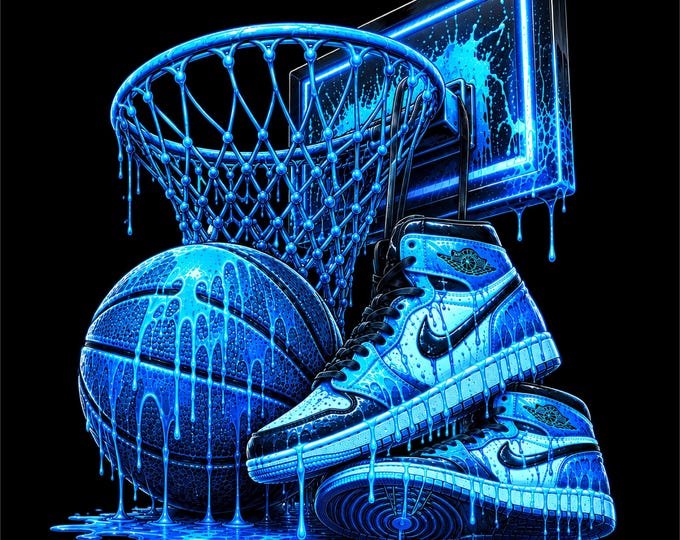 Blue Basketball PNG Design | Basketball Hoop & Sneakers Artwork | Neon Blue Basketball Graphic | Basketball Shoes PNG | Hoops Streetwear