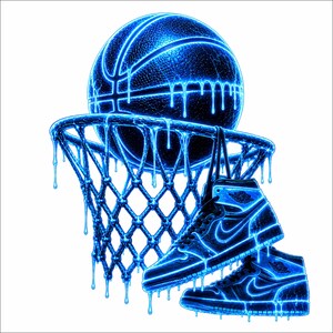 May include: A basketball and a basketball hoop with a net, accompanied by two high-top sneakers. The entire composition features a glowing neon blue outline effect with liquid-like drips cascading down from the ball, the rim, and the footwear.