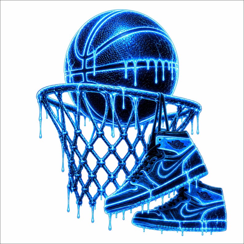 May include: A basketball and a basketball hoop with a net, accompanied by two high-top sneakers. The entire composition features a glowing neon blue outline effect with liquid-like drips cascading down from the ball, the rim, and the footwear.