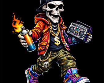 Esqueleto callejero PNG / Ilustración de esqueleto urbano / Arte de esqueleto de grafiti / Personaje de esqueleto de ropa urbana PNG / Archivo de impresión DTF DTG