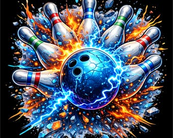 Bowling Strike PNG | Electric Bowling Ball Design | Bowling Pins Explosion Art | Strike Bowling Illustration | Dtf Dtg Print File