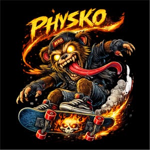 Koszulka Psycho Skate Monkey PNG | Projekt koszulki Crazy Skater | Grafika sublimacyjna Fire Street Art | Prezent dla skatera | Natychmiastowe pobranie