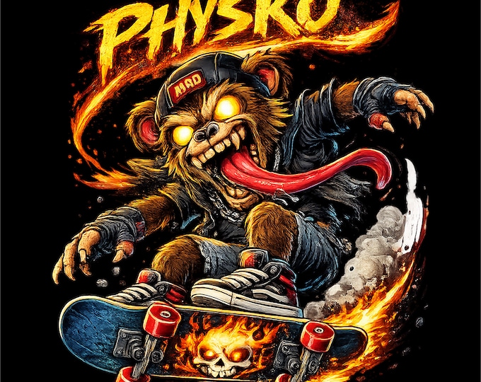 Psycho Skate Monkey Shirt PNG | Crazy Skater T-Shirt Design | Fire Street Art Sublimation Graphic | Skater Gift | Instant Download