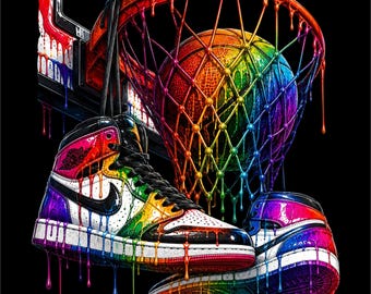 Diseño PNG de aro de baloncesto / Ilustración de baloncesto arcoíris / Gráfico de zapatillas de baloncesto coloridas / Ilustración deportiva neón /