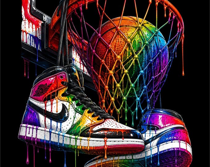 Basketball Hoop PNG Design | Rainbow Basketball Artwork | Colorful Basketball Shoes Graphic | Neon Sports Illustration |