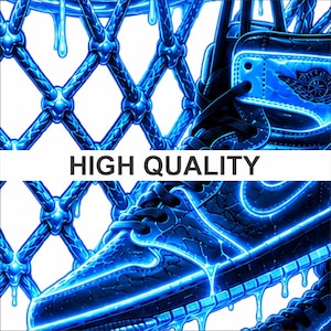 May include: A high-top sneaker featuring a dark blue textured surface with glowing light blue outlines and a dripping liquid effect. The shoe is positioned against a blue basketball net background. The text HIGH QUALITY is centered.