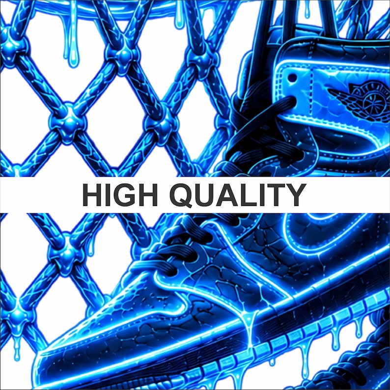 May include: A high-top sneaker featuring a dark blue textured surface with glowing light blue outlines and a dripping liquid effect. The shoe is positioned against a blue basketball net background. The text HIGH QUALITY is centered.