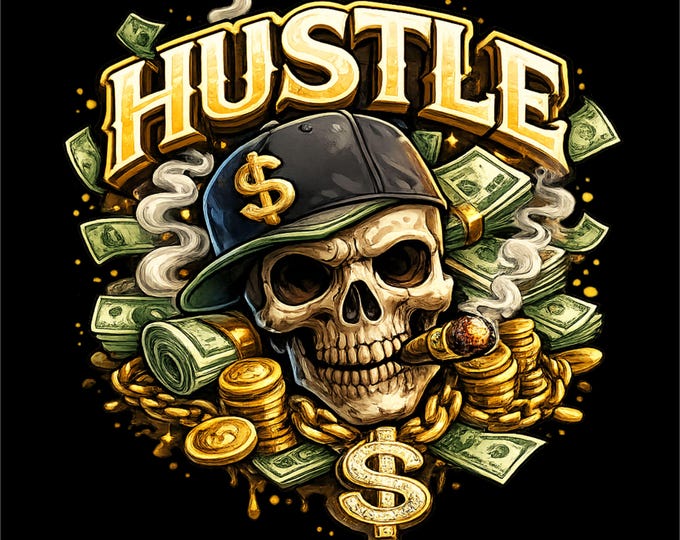 Hustle Money Skull PNG | Hustler Skull T-Shirt Design | Cash & Gold Streetwear Graphic | Sublimation PNG | Instant Download