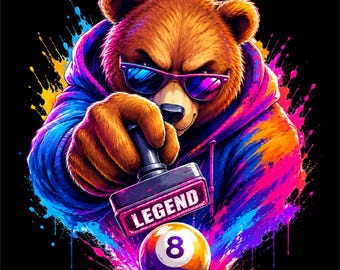 Lenda do Bilhar PNG | Design de Urso de Bilhar Neon | Arte Urbana de Jogador de Bilhar | Arte de Bola 8 Urbana | Arquivo para Impressão DTG