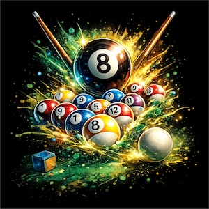 Puede incluir: Ilustración vibrante de una escena de billar. La imagen presenta una bola negra número 8 en primer plano, rodeada de bolas de billar numeradas de varios colores. Dos tacos de billar están colocados detrás de la bola 8, sobre un fondo negro.