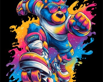 Roller Bear PNG | Neon Skating Bear Design | Color Splash Streetwear Art | Roller Skates Graphic | DTF DTG Print File