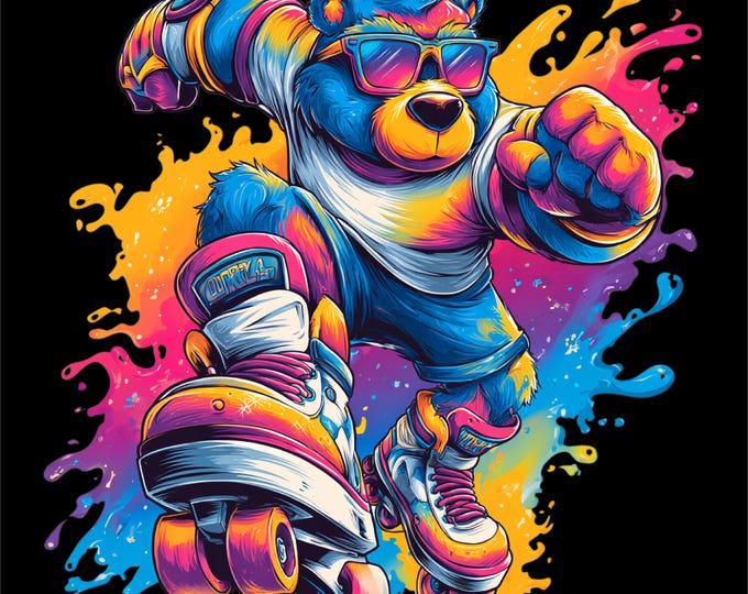 Roller Bear PNG | Neon Skating Bear Design | Color Splash Streetwear Art | Roller Skates Graphic | DTF DTG Print File