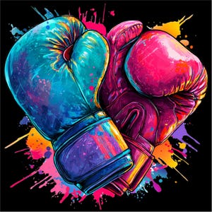 May include: Digital artwork featuring two boxing gloves, one in blue and the other in pink, set against a black backdrop. The gloves are adorned with colourful paint splatters, creating a dynamic and energetic composition.