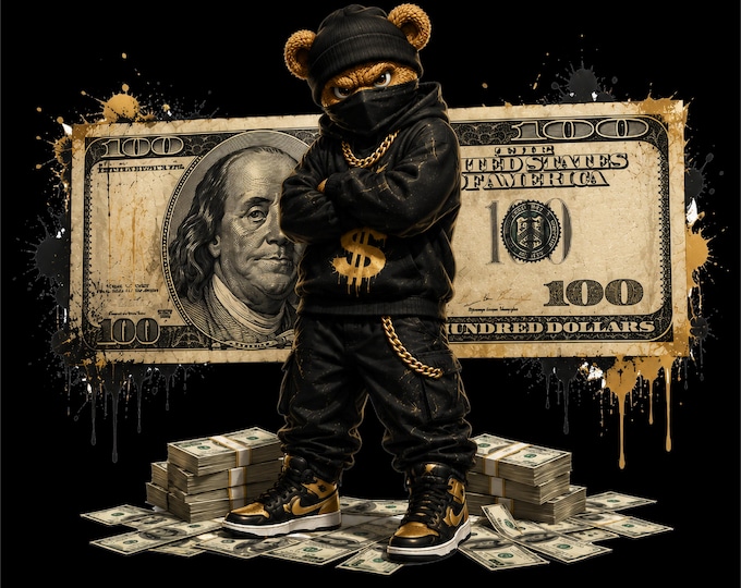 Money Bear PNG Design | Rich Teddy Bear Artwork | Hip Hop Bear PNG | Luxury Streetwear Bear | Cash Bear Graphic | Cool Urban Teddy Bear