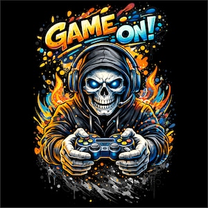 Puede incluir: Ilustración digital de una calavera con sudadera con capucha y auriculares, sosteniendo un mando de videojuegos. La calavera tiene ojos azules brillantes y está rodeada de llamas coloridas y salpicaduras de pintura. Las palabras "GAME ON!" están escritas arriba.