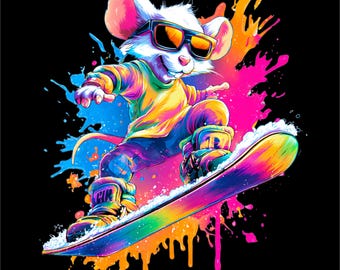 Snowboard Mouse PNG | Cute Snowboarding Animal | Color Splash Snowboard Art | Kids Snowboard Design | DTF DTG Print File