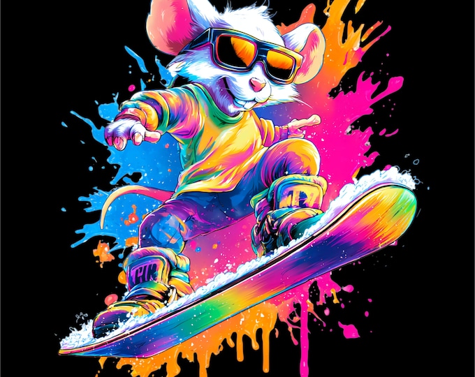 Snowboard Mouse PNG | Cute Snowboarding Animal | Color Splash Snowboard Art | Kids Snowboard Design | DTF DTG Print File