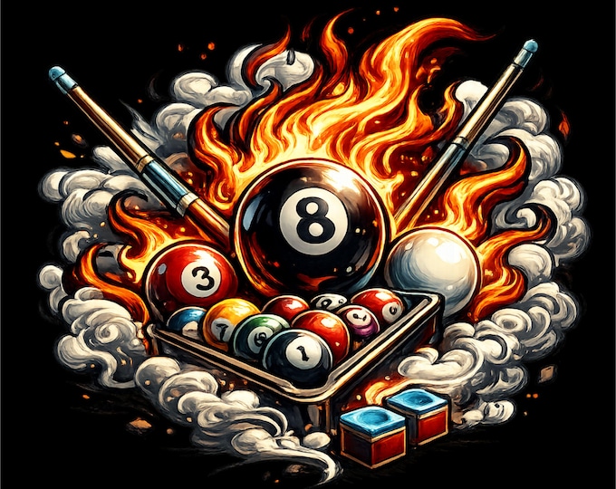 8 Ball Pool PNG | Billiards Fire Design | Pool Player T-Shirt Graphic | Cue Sports Art | Sublimation PNG | Instant Download