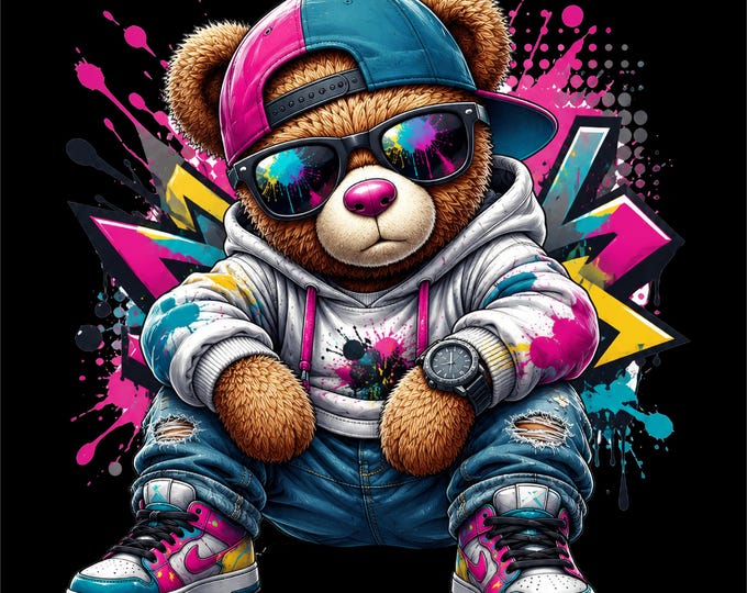 Hip Hop Bear PNG Design | Streetwear Teddy Bear Artwork | Cool Bear with Cap & Sunglasses PNG | Urban Bear Graphic | Colorful Graffiti Bear