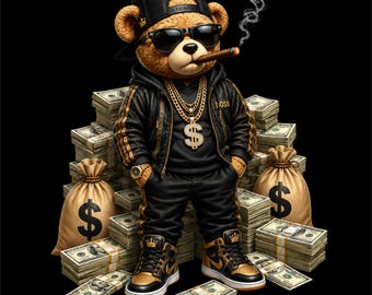 Desenho PNG de Urso de Pelúcia Rico | Urso de Dinheiro com Dinheiro e Charuto | Arte de Urso de Pelúcia de Luxo | Urso Milionário PNG | Gráfico de Urso de Dinheiro Hip Hop