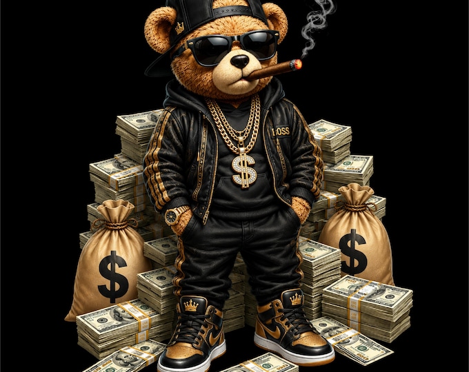 Rich Teddy Bear PNG Design | Money Bear with Cash & Cigar | Luxury Teddy Bear Artwork | Millionaire Bear PNG | Hip Hop Money Bear Graphic