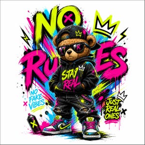 May include: A brown teddy bear wearing sunglasses, a black hoodie with "Stay Real" text, and ripped jeans. The bear is set against a graffiti background with "No Rules", "No Fake Vibes", and "Just Real Ones" text. The color palette includes neon pink, yellow, and blue.