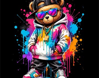 Urso de pelúcia streetwear PNG | Design de urso grafite | Gráfico de urso urbano | Arte de rua com respingos de cor | Arquivo para impressão DTF/DTG