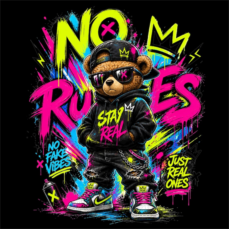 May include: A digital illustration of a brown teddy bear wearing sunglasses, a black hoodie with "Stay Real" text, and ripped jeans. The background features graffiti-style text that reads "No Rules", "No Fake Vibes", and "Just Real Ones".