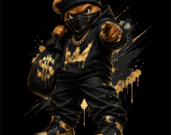Gangster Bear PNG Design | Urban Teddy Bear Artwork | Black and Gold Bear PNG | Hip Hop Streetwear Bear | Money Bag Bear Graphic |
