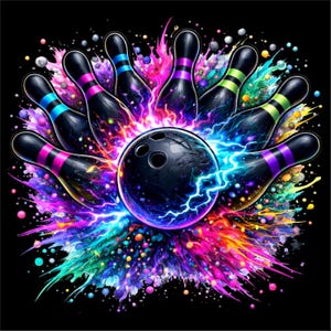 May include: A vibrant digital illustration of a bowling ball surrounded by bowling pins. The pins are black with colorful stripes, and the ball is black with three holes. The background features a burst of colorful energy with lightning bolts.