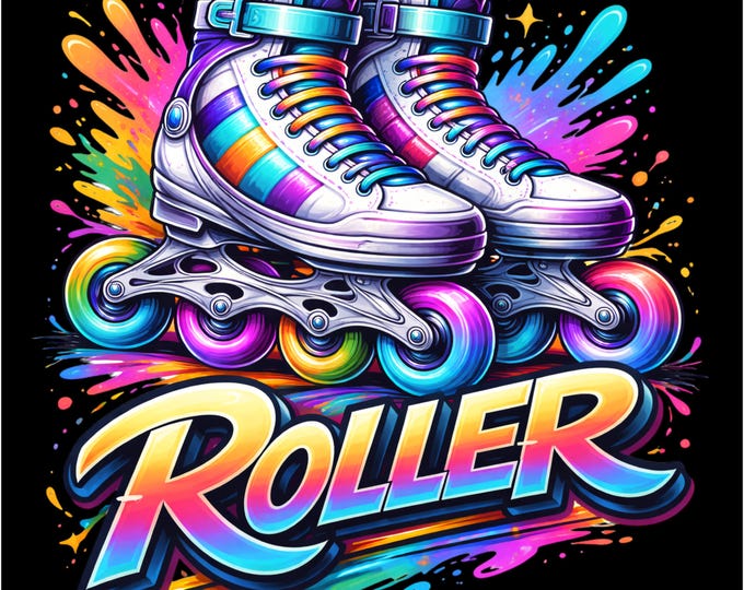 Rainbow Roller Skates PNG | Roller Skate T-Shirt Design | Retro Roller PNG | Colorful Roller Skating Art | Streetwear Roller Shirt PNG