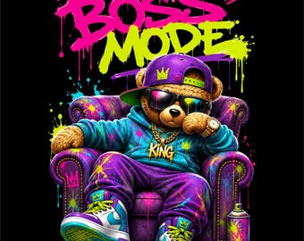 Diseño PNG de Boss Mode Bear / Ilustración de oso de peluche graffiti / Gráfico de streetwear colorido / Ilustración de hip hop urbano / PNG de estilo de vida Boss /