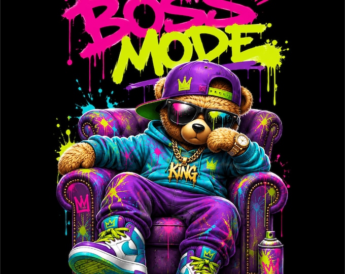Boss Mode Bear PNG Design | Graffiti Teddy Bear Artwork | Colorful Streetwear Graphic | Urban Hip Hop Illustration | Boss Lifestyle PNG |