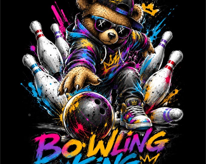 Bowling King PNG | Neon Bowling Bear Design | Graffiti Bowling Graphic | Urban Streetwear Sports Art | DTF DTG Print File