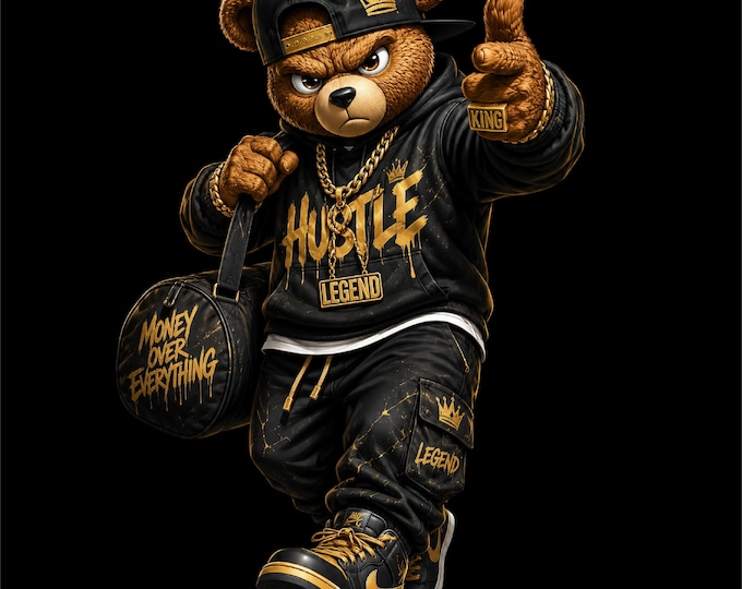 Hustle Bear PNG Design | Legend Teddy Bear Artwork | Black and Gold Bear PNG | Motivational Streetwear Bear | Urban Hip Hop Bear Graphic |