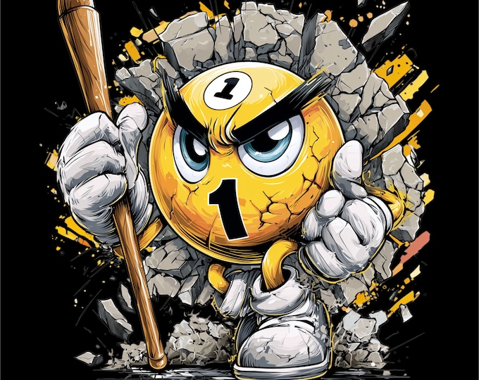 Angry Number 1 Pool Ball PNG | Billiards T-Shirt Design (Instant Download)