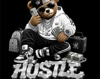 Design PNG do Hustle Bear | Arte de Urso de Pelúcia Streetwear | Gráfico Hip Hop de Luxo | Ilustração de Moda Urbana | PNG de Estilo de Vida Financeiro