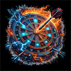 May include: A digital illustration of a dartboard with darts, flames, and lightning. The dartboard is black, blue, red, and green. Darts are in flight and embedded in the board. Flames and lightning surround the dartboard, creating a dynamic and energetic visual.